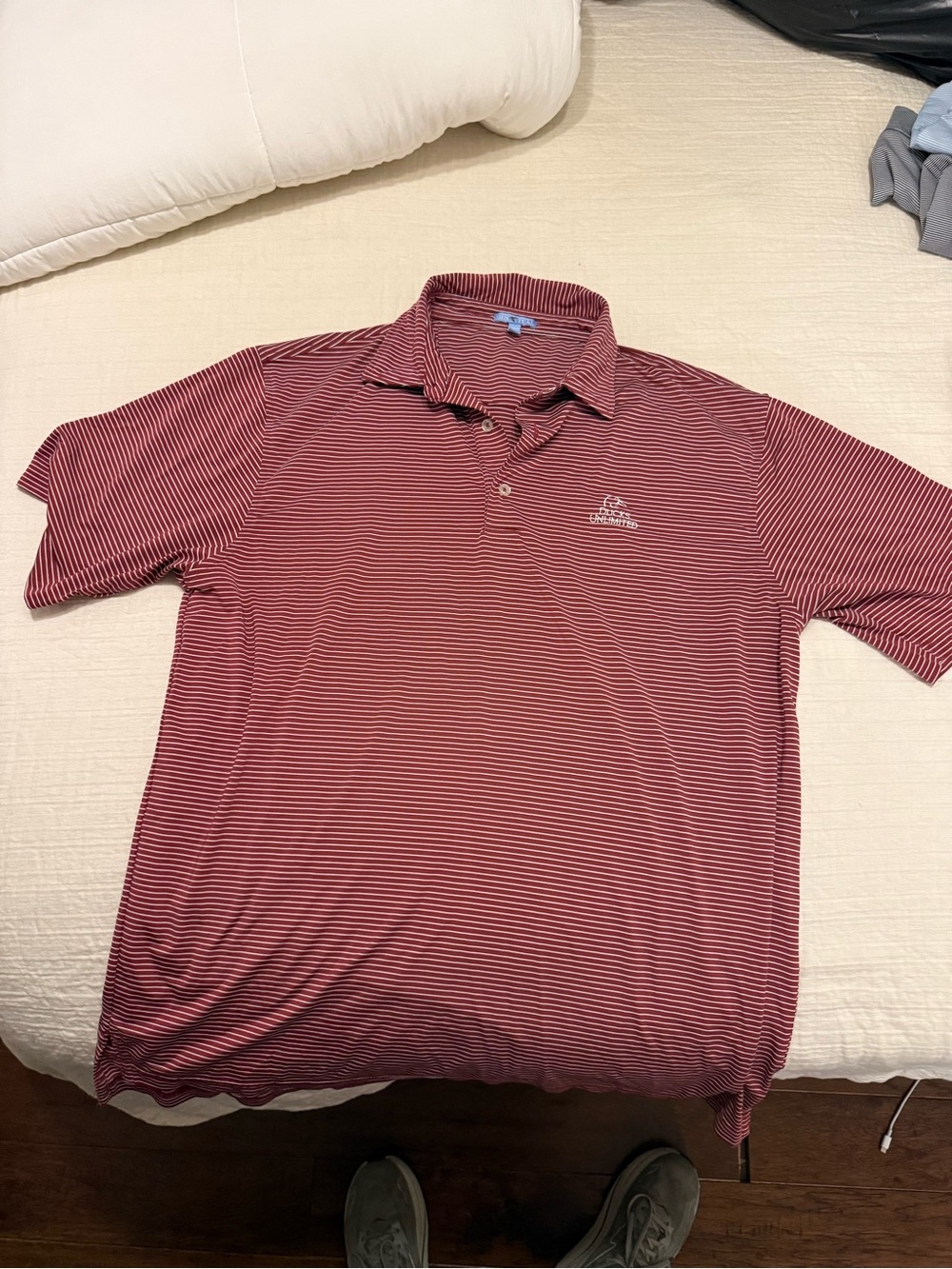 Men's Maroon and White Striped Polo Shirt